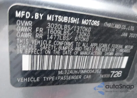 2021 Mitsubishi Mirage Carbonite Edition/Es/Le из США, поврежденный, VIN ML32AUHJ9MH004262